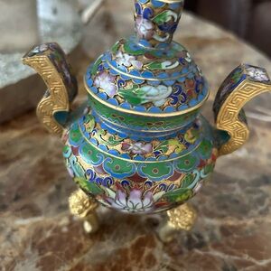 Vintage Chinese Colorful Cloisonné Enamel Vase with Gold Accents.”6”